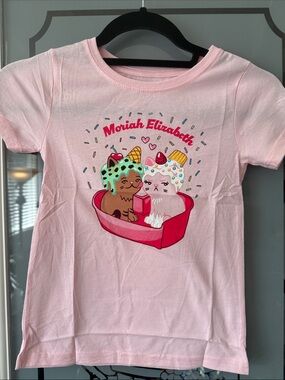 Pink Kids Graphic Tee with Cute Cat & Dog Dessert Print
